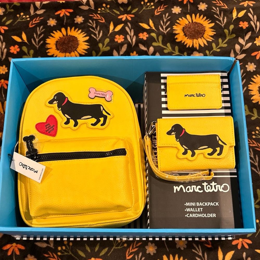 Marc Tetro 3 Piece Set  Yellow Mini Backpack Wallet Cardholder With Gift Box